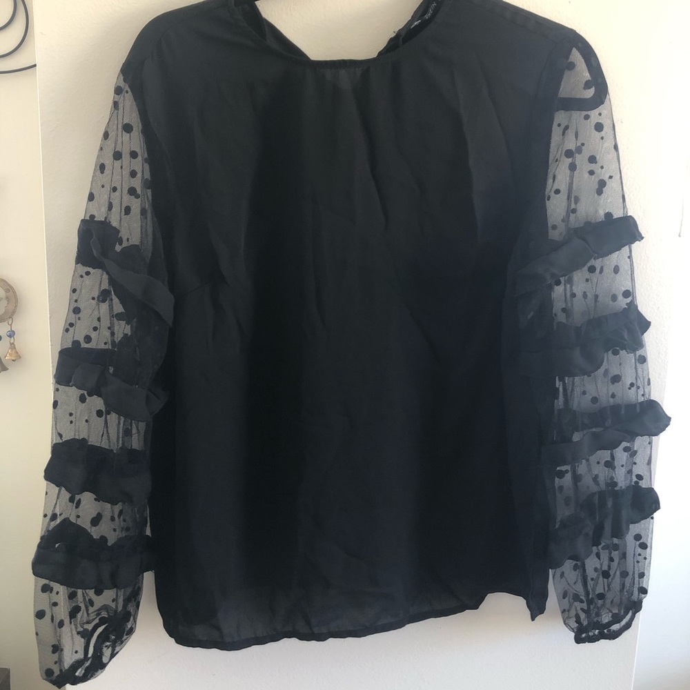 Sheer Mesh Sleeve Polka Dot Ruffle Blouse